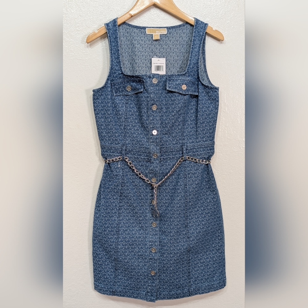 Michael Kors Logo Jacquard Stretch Denim Belted Dress Dusk Blue Wash